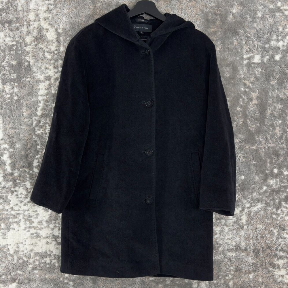 Jones New York Size 8 Wool Angora Blend Hooded OverCoat Black Button Long Sleeve